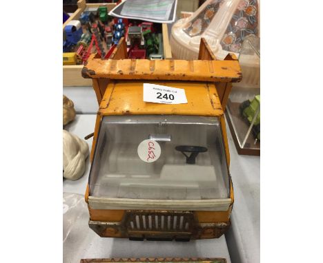 A VINTAGE ORANGE DIE CAST DUMPER TRUCK (MADE IN SPAIN) - L:35CM H:18CM 