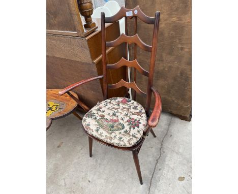 AN ERCOL STYLE LADDER AND SPINDLE BACK ELBOW CHAIR WITH DETACHABLE CUSHION 