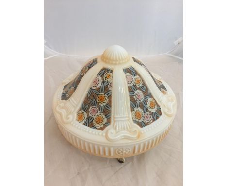 A VINTAGE GLASS FLORAL DECORATED LIGHT SHADE 