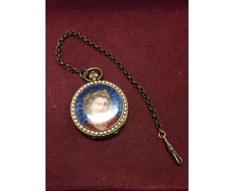 A POCKET WATCH WITH AN ENAMEL AND PEARL DOUBLE SIDED CASE 