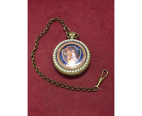 A POCKET WATCH WITH AN ENAMEL AND PEARL DOUBLE SIDED CASE 