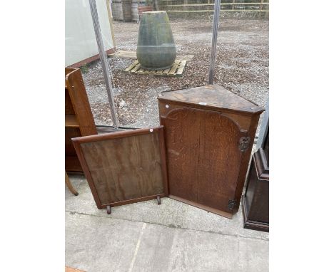 A GEORGIAN STYLE CORNER CUPBOARD AND FIRESCREEN 