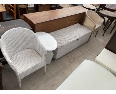 A LLOYD LOOM CHAIR AND OTTOMAN, A LLOYD LOOM STYLE COMMODE AND A WHITE PAINTED TABLE/MAGAZINE RACK 