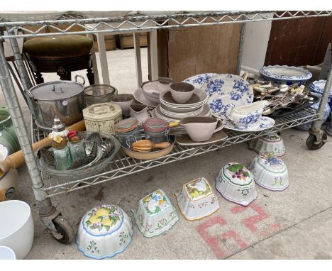 A LARGE ASSORTMENT OF ITEMS TO INCLUDE CERAMIC PLATES, FLATWARE AND JELLY MOULDS ETC 