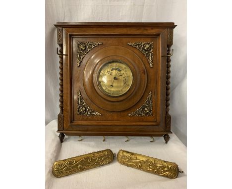 A VINTAGE WALNUT WALL BAROMETER COMPLETE WITH CLOTHES BRUSHES 