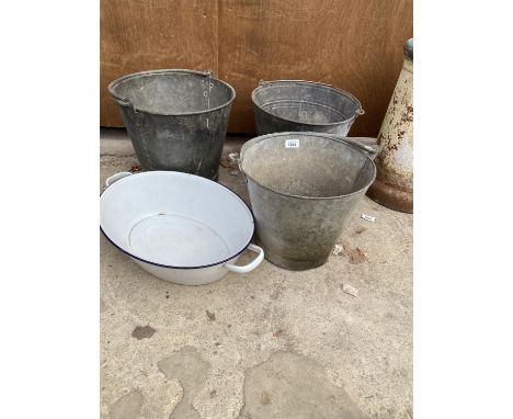 A GROUP OF THREE GALVANISED BUCKETS AND AN ENAMEL PAN 