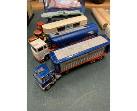 FOUR CORGI WAGONS WITH TRAILER TO INCLUDE A EXPRESS SERVICE, TANKER, NATIONAL RACING STABLES AND A CAR TRANSPORTER 