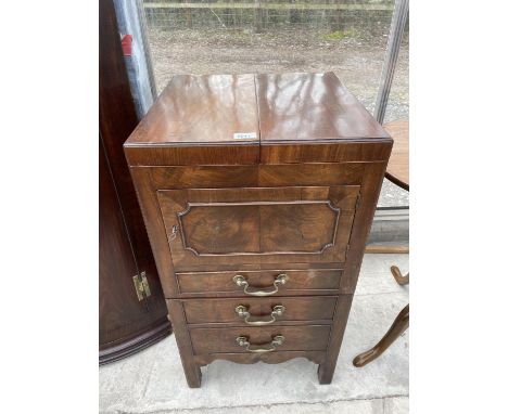 A GEORGIAN MAHOGANY COMMODE CHEST/ WASHSTAND WITH FOLD-OVER TOP+ PULL OUT BASE [LACKING CHAMBER POT] WITH SINGLE DRAWER AND B