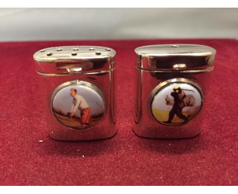 A MARKED SILVER PAIR OF CRUETS WITH ENAMEL PLAQUES 