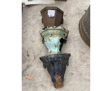 A GROUP OF THREE CAST IRON DRAIN PIPE HOPPERS 