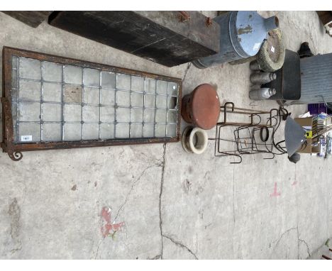 AN ASSORTMENT OF ITEMS TO INCLUDE A GLASS WINDOW, METAL RACKS AND LIGHT FITTINGS ETC 