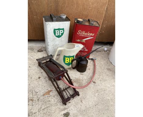 A VINTAGE BP OIL CAN, A SILKOLENE OIL CAN, FOOT PUMP ETC 