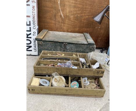 A VINTAGE WOODEN CHEST WITH REMOVABLE SECTIONAL STORAGE AND CONTENTS OF PIPE FITTINGS ETC 