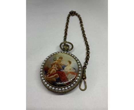 A POCKET WATCH WITH AN ENAMEL AND PEARL DOUBLE SIDED CASE 