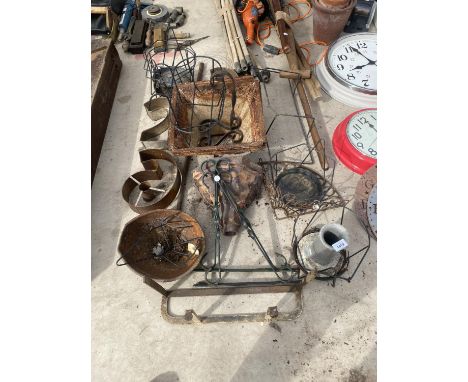 AN ASSORTMENT OF ITEMS TO INCLUDE A CAST IRON HOPPER TROUGHS AND HANGING BASKET BRACKETS ETC 