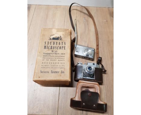 FUJIFILM CAMERA TOGETHER WITH VINTAGE CAMERA AND BOXED STUDENTS MICROSCOPE
