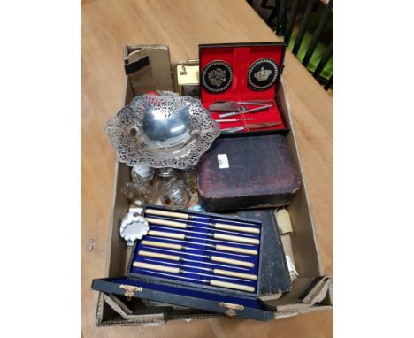 A BOX OF MISCELLANEOUS INC RAPPORT CARRIAGE CLOCK ASSORTED CUTLERY ETC