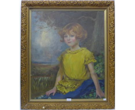 English School, Art Deco portrait of a young girl, oil on board, 65 x 62cms, framed 
