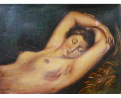 English School, portrait of a reclining female nude, 43 x 57cms, unframed 