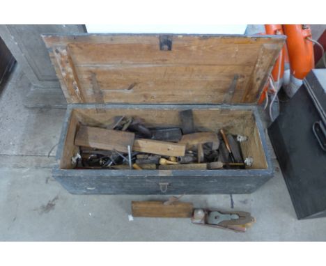A pine carpenter's tool chest with tools 