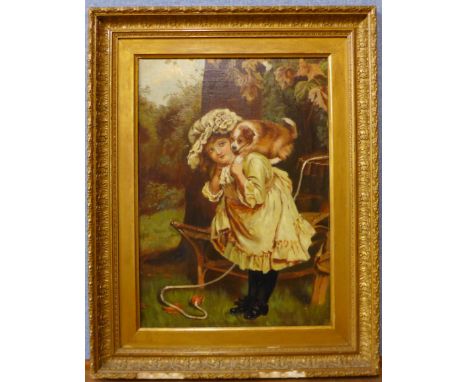 English School (19th Century), portrait of a girl and puppy, oil on canvas, 47 x 34cms, framed 
