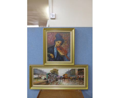 G. De Simone, street scene, oil on canvas, a portrait of a violin player, oil on canvas, indistinctly signed 