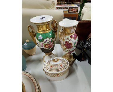 2 PORCELAIN URNS AND TEA CADDY