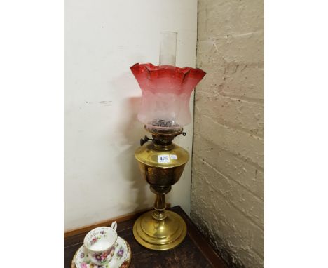 VICTORIAN OIL LAMP WITH RUBY TIPPED SHADE