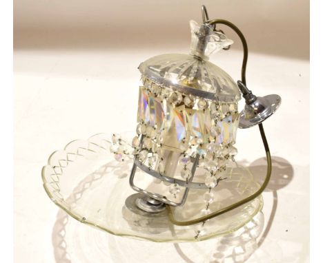 Modern metal framed and glass circular hanging light hung with tiers of drops, 29cm diam  