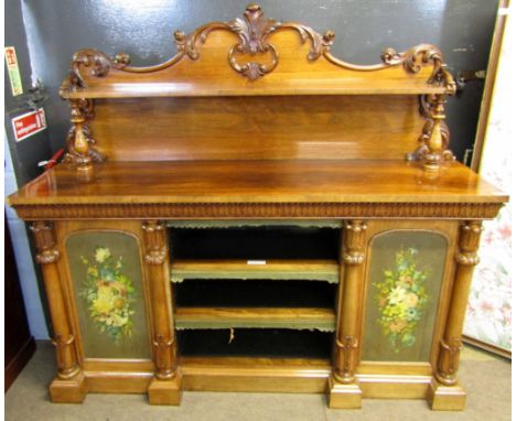 19th century rosewood chiffonier with open shelf, carved and scrolling detail on two turned and carved columns with base cent