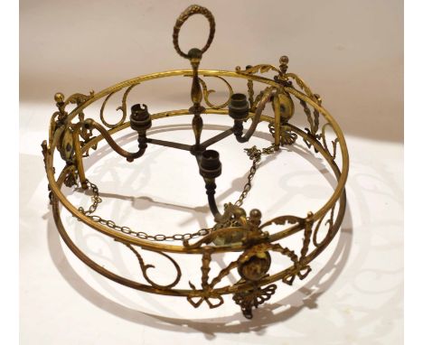 Gilt metal circular three-branch hanging light, decorated in the neo-classical manner, 43cm diam