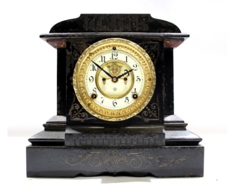 Victorian marble effect cast metal mantel clock, 29cm wide  