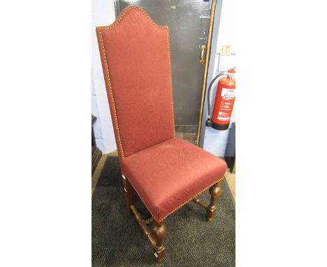 Set of six Queen Anne style oak framed tall back dining chairs on turned uprights and stretchers, upholstered in light burgun