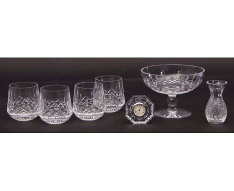 Four Waterford Lismore tumblers, a small vase, clock and a glass tazza (7) 