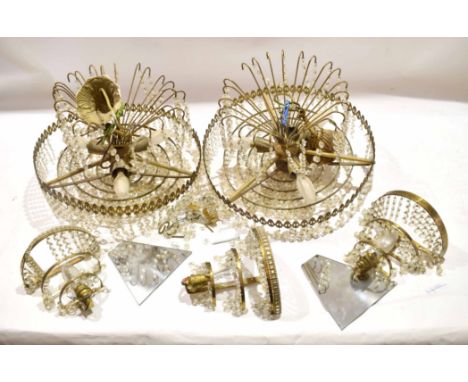 Pair of late 20th century circular hanging light fittings, each with tiers of glass drops, 38cm diam