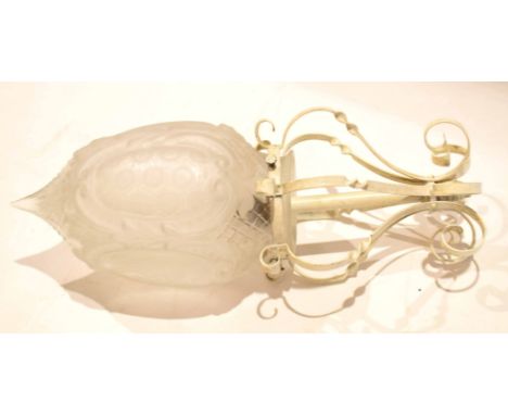 Edwardian wrought iron ceiling sconce/light with conical frosted glass shade etched with mythological figures etc, 40cm long
