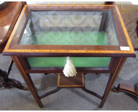 Edwardian style inlaid mahogany and glazed bijouterie cabinet, the lifting lid with bevelled glass, cross banded edge, openin