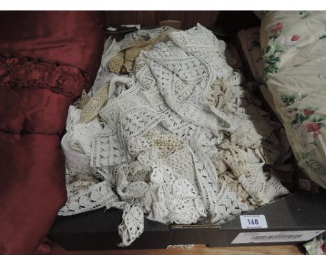 A box of vintage lace edging and pieces including crochet and bobbin etc