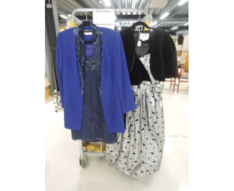 A selection of ladies vintage evening clothes including two Frank Usher jackets in gold braid and blue with beaded decoration