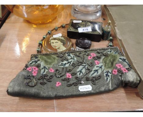 A vintage embroidered bag, compact, papiere mache box etc