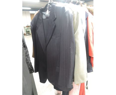 A selection of gents vintage suits, jackets and mac including navy wool blazer by Maggee 46R, tan suede effect jacket by L'Ho