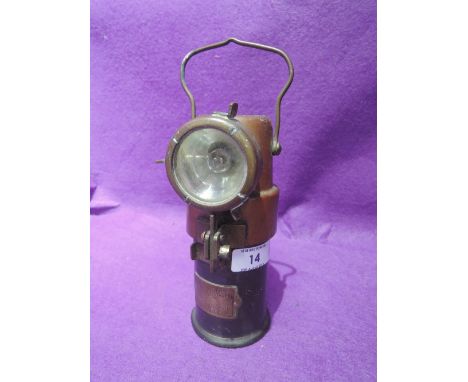 A vintage brass and copper miner lamp B E 3 Factory inspectorate