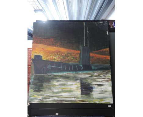A large oil on canvas featuring a submarine signed K M D 98