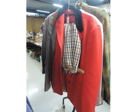Two vintage ladies jackets and a skirt by Daks of London, including red wool jacket with leather elbow pads and velvet collar