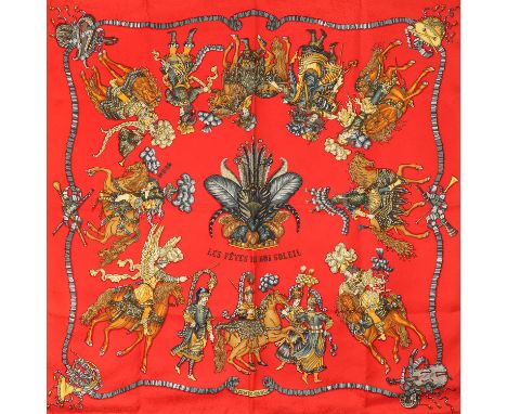 HERMÈS Seidencarré "LES FETES DU ROI SOLEIL", by Michel Duchène, erstmals 1995 erschienen. Akt. NP.: 495,-€. 100% Seide. Brok