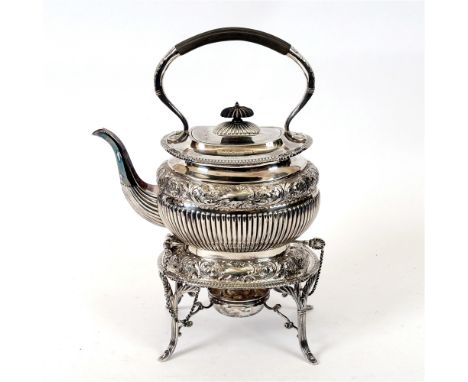 AN EDWARDIAN SILVER KETTLE ON STAND WITH BURNER  by Harrison Brothers & Howson, Sheffield 1904, of rounded rectangular outlin