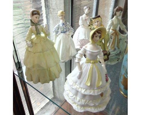 SIX ROYAL WORCESTER FIGURES 'Morning Walk', 'Crinoline', 'Winter Waltz' (repaired), 'Charity', 'Spring Fair' and 'Sincerity'
