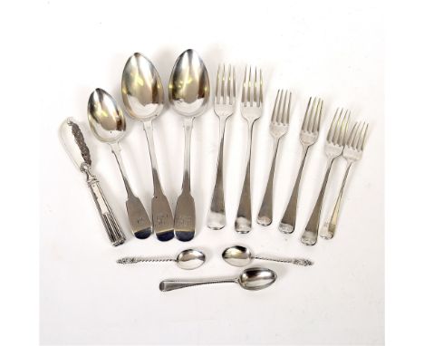 A COLLECTION OF SILVER FLATWARE  some antique, comprising a pair of Georgian tablespoons, two Georgian dinner forks, a set of