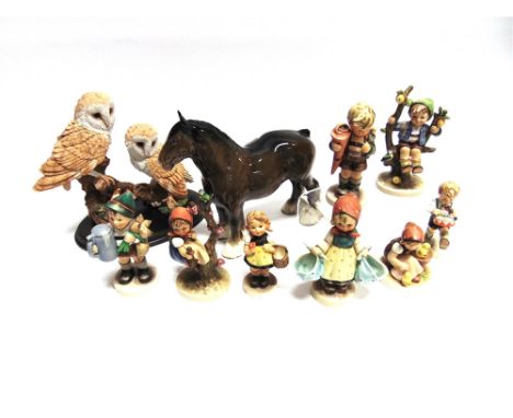 EIGHT ASSORTED HUMMEL/GOEBEL FIGURES a Beswick shire horse and a Country Artists owl group