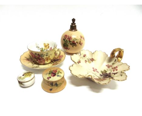 A COLLECTION OF WORCESTER BLUSH IVORY CERAMICS  inlcuding a Royal Worcester bonbon dish, shape 1404; a Royal Worcester gilt m